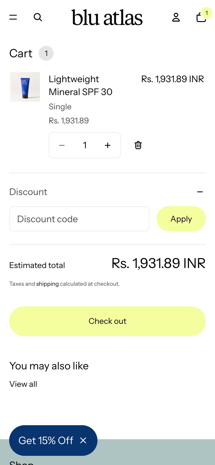 Blu Atlas — Cart Page (Discount code field expanded with input + Apply button)