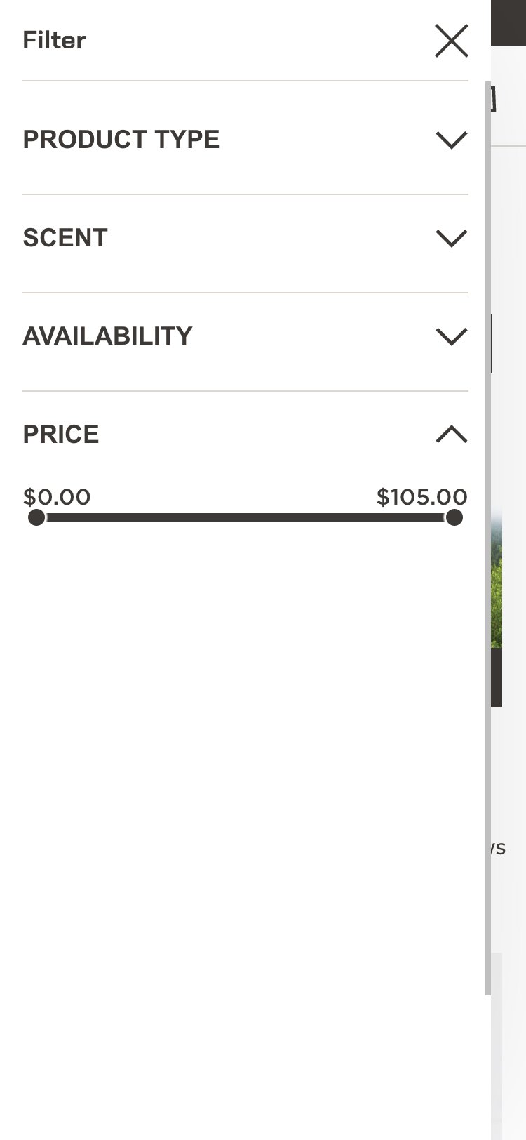Duke Cannon — Collection Filter Drawer (price range slider $0–$105)