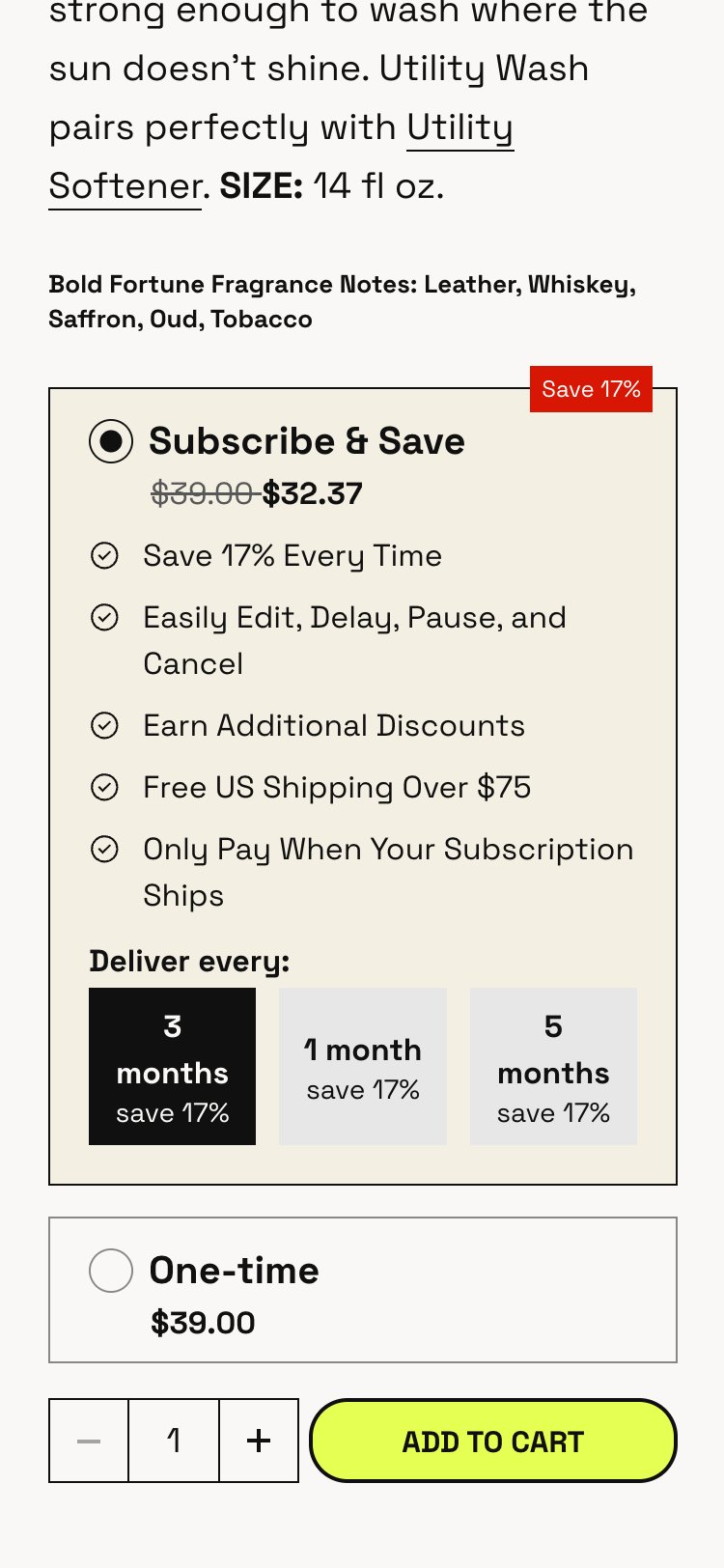 Beardbrand — Mobile PDP (Subscribe & Save + One-time toggle, both visible with benefits)