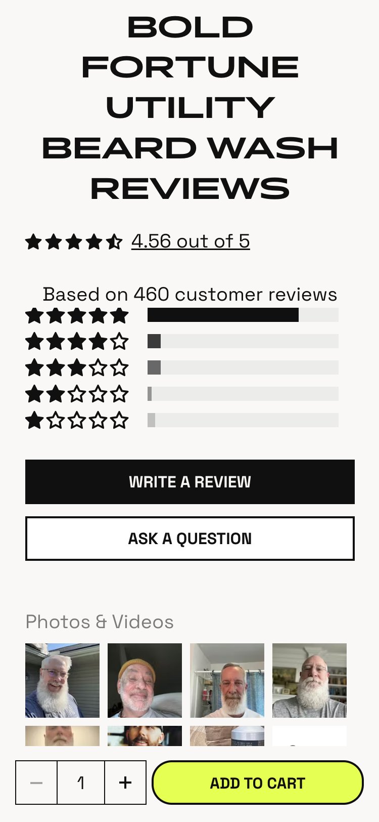 Beardbrand — Mobile PDP (sticky ADD TO CART bar visible while browsing reviews)