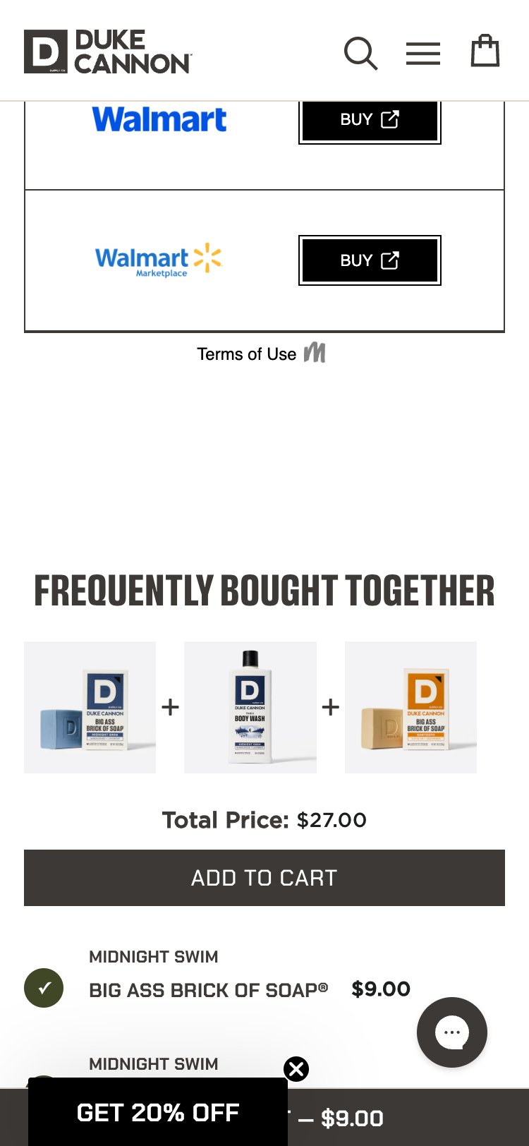 Duke Cannon — Mobile PDP (Frequently Bought Together section with total price + ATC)