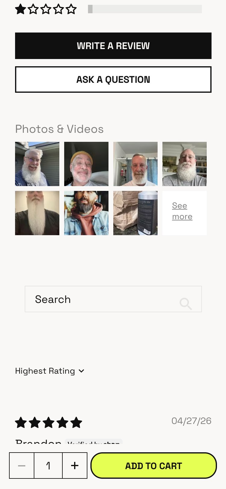Beardbrand — Mobile PDP Reviews (Photos & Videos gallery with customer photos grid + sticky ATC)